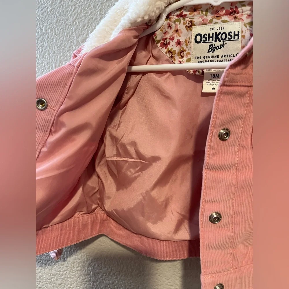 Oshkosh Bgosh Baby Girl Corduroy Sherpa Collar Pink Jacket Size 18 Months